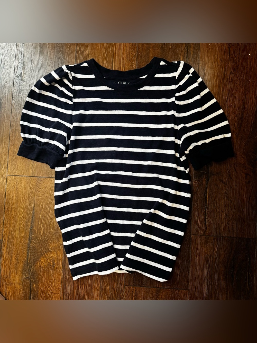 LOFT Navy and White Striped Puff Sleeve Top